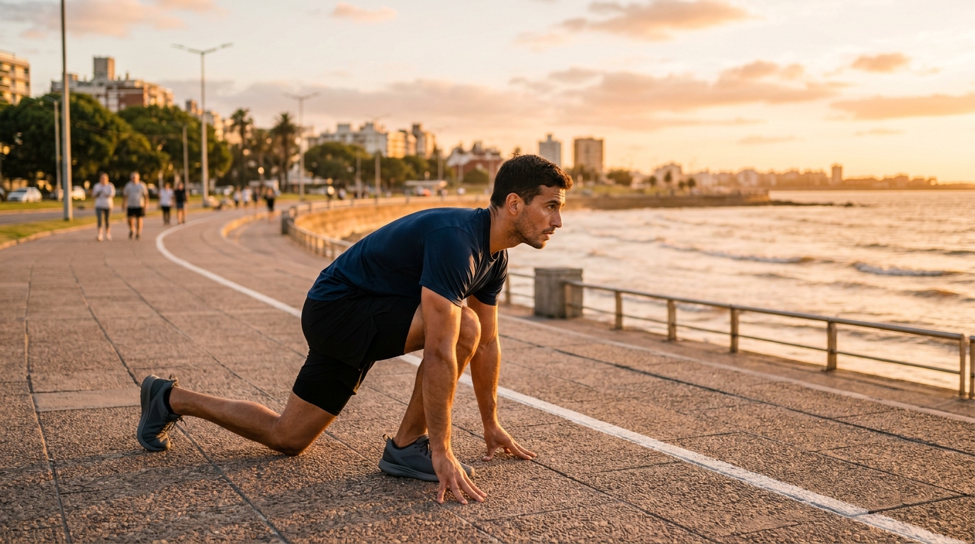 Atleta entrenando en la rambla de Montevideo Uruguay durante el atardecer